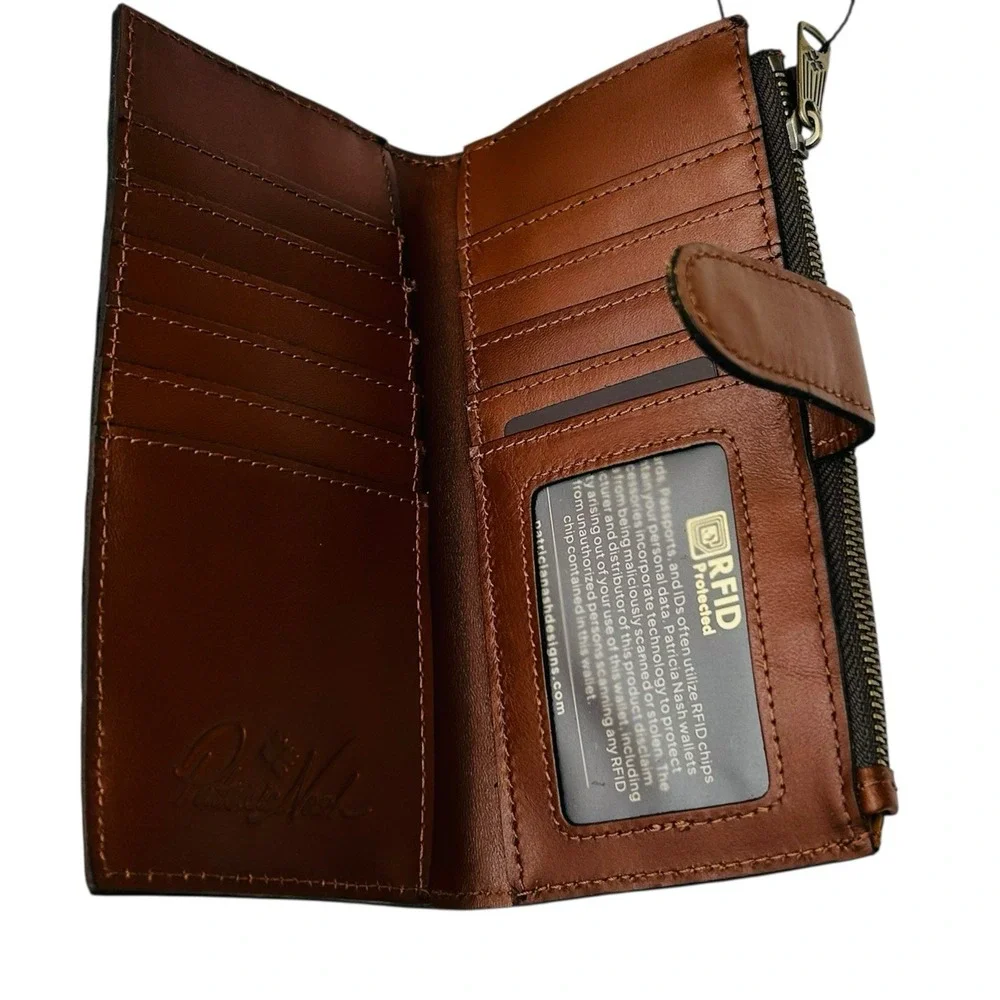 Patricia Nash Nazari Tooled Leather Bifold Wallet Florence Tan Brown Print RFID